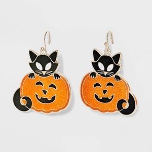 New Spooky Glow in Dark Black Cat in Pumpkin Jack o Lantern Nickel Free Earrings